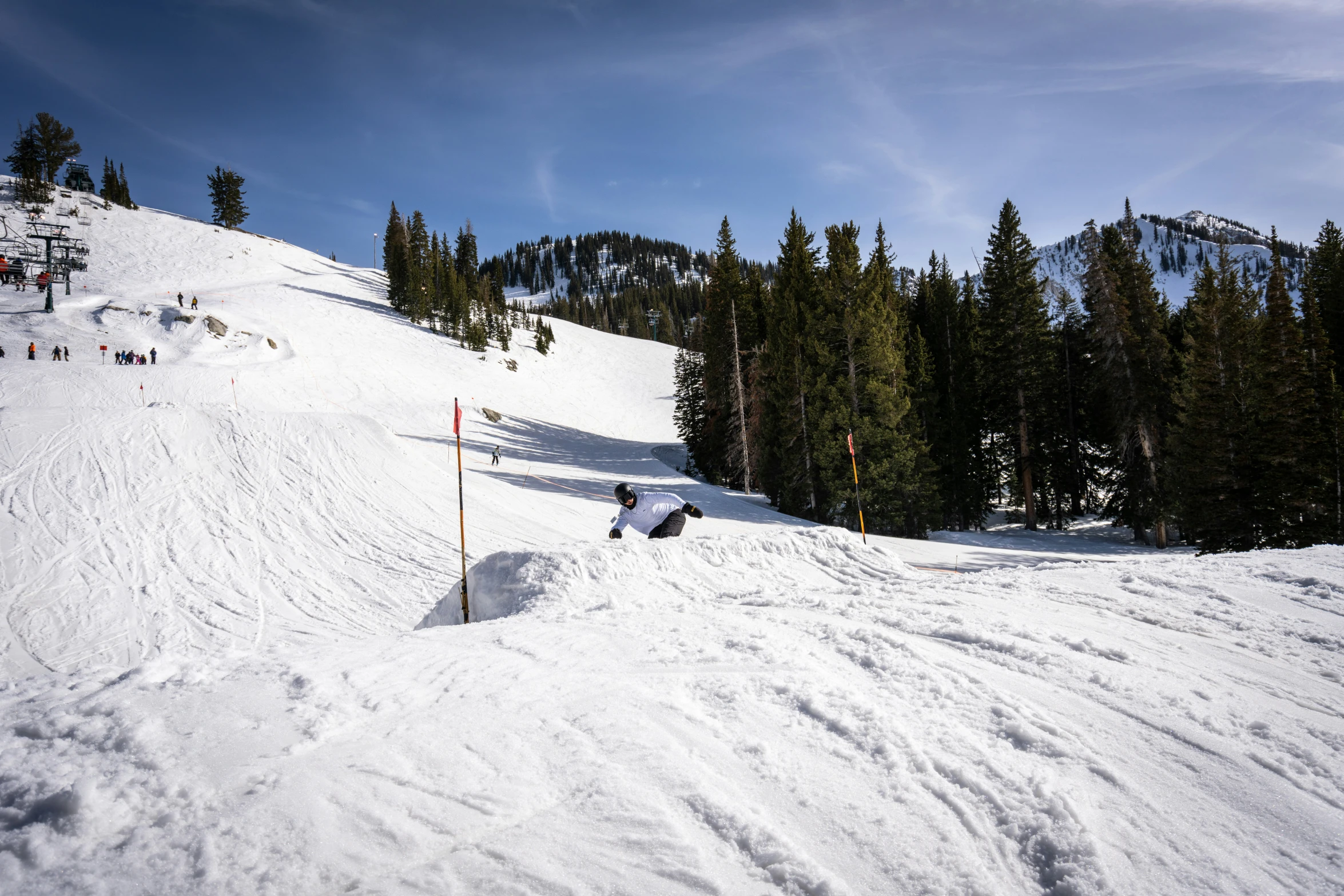 some people are skiing down the mountain with trees