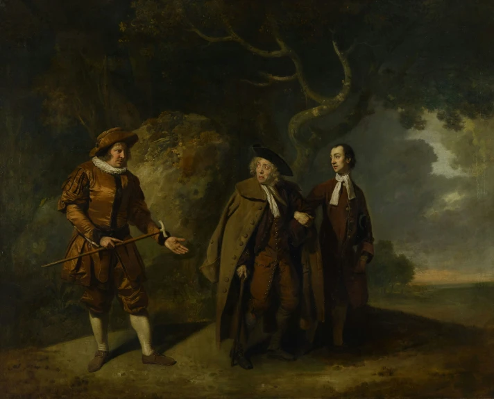 a painting depicting three men standing outside with one pointing at the other