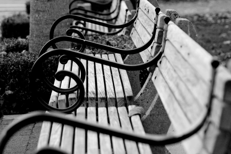 four empty wooden benches lined up together