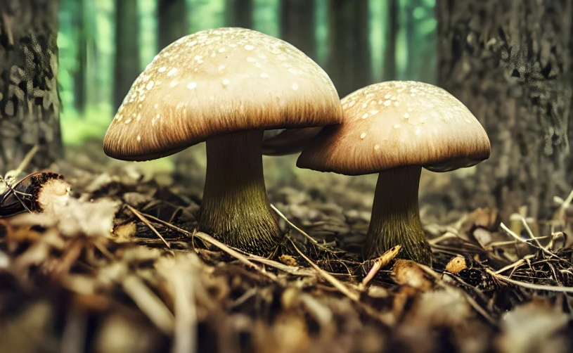 two mushrooms in the ground between some trees