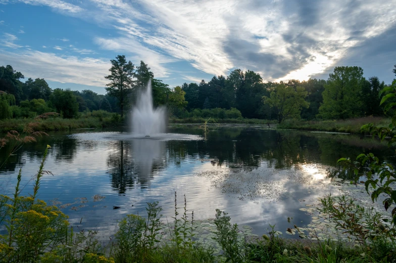 a large pond with water shooting out the top of it