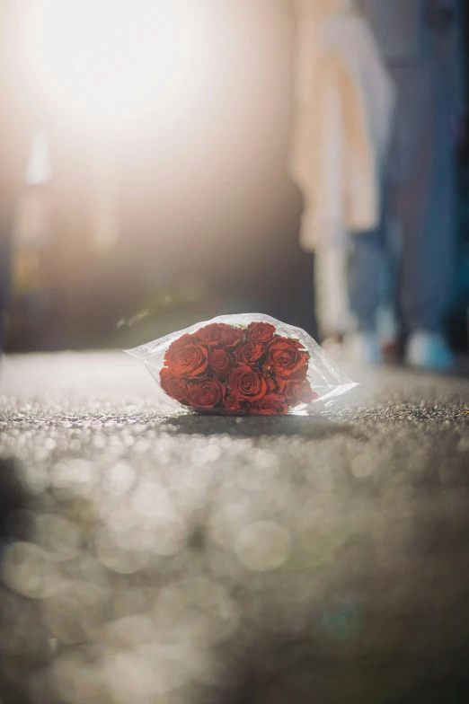 a bag of dried red onions lays on the pavement