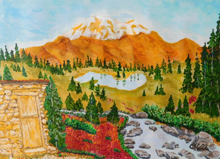 painting of a mountain range and lake and mountain