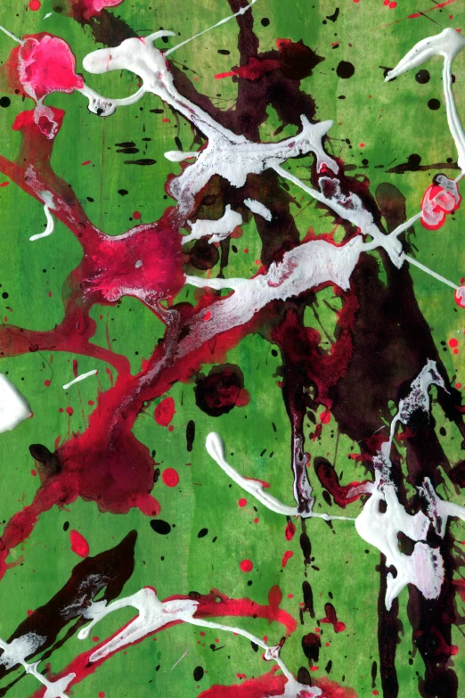an abstract painting, a pattern with red and black paint splashing on it