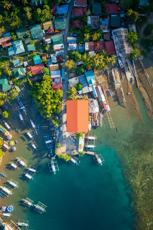 a bird's eye view of a village on a beach