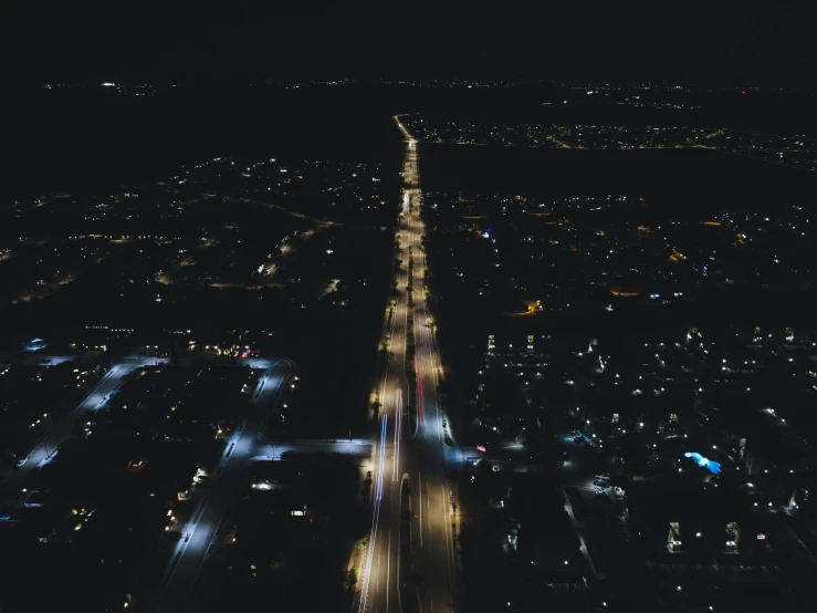 aerial view of busy city road at night