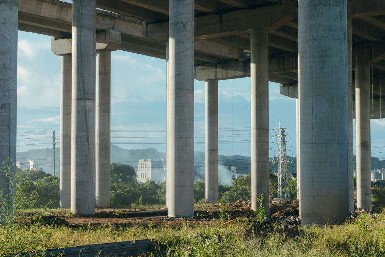 a grassy area underneath several pillars next to water