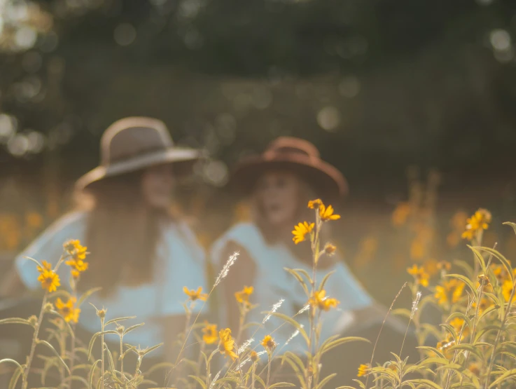 two women are standing in a sunflower field