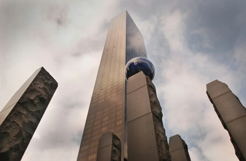 a building with two large round mirrors at the top