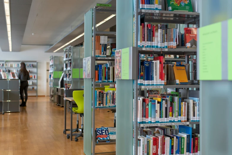 bookshelves with desks and chairs in open liry