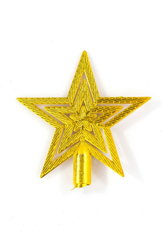 a shiny, gold, star decoration hanging from a hook