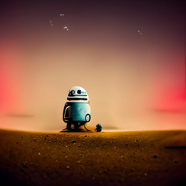 a small, blue and white star wars robot sits in the desert