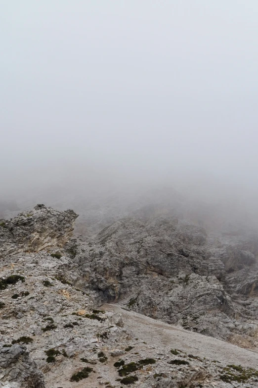 a view of some fog, rocks and bushes