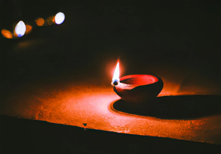a candle in a bowl sitting on the floor