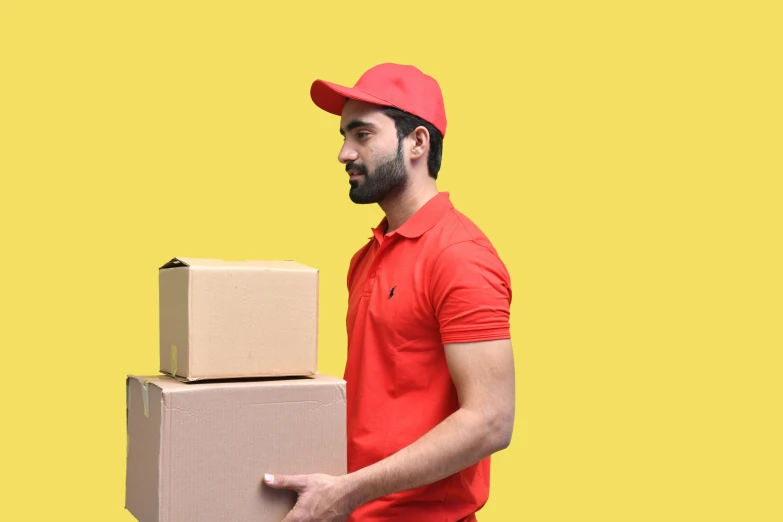 a man in a red shirt is carrying a carton