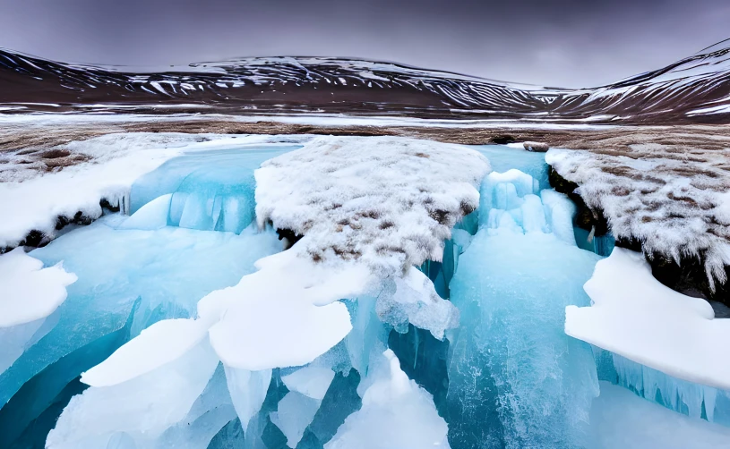 a frozen lake sits in the middle of a valley