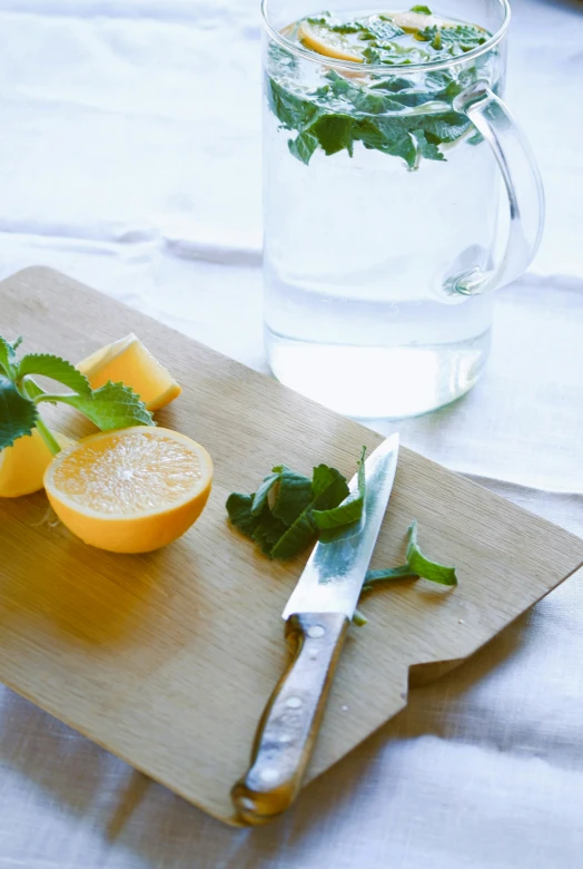 orange slices and lime slices on a  board with water in the pitcher