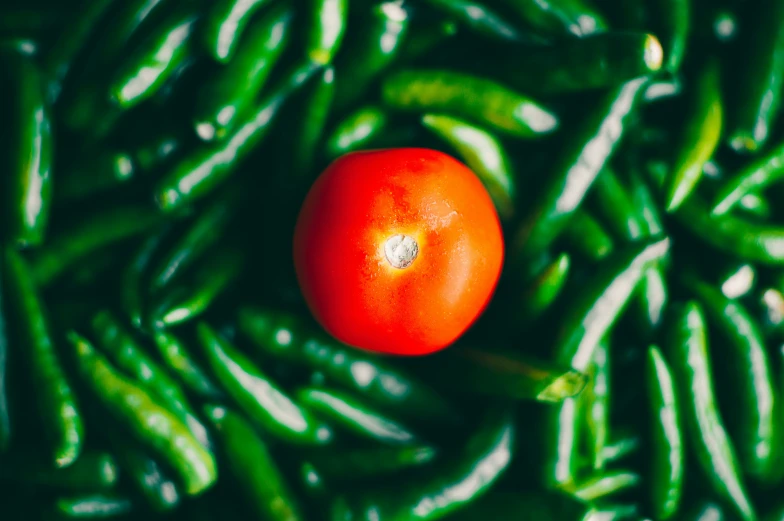 a tomato in some green beans on a green surface