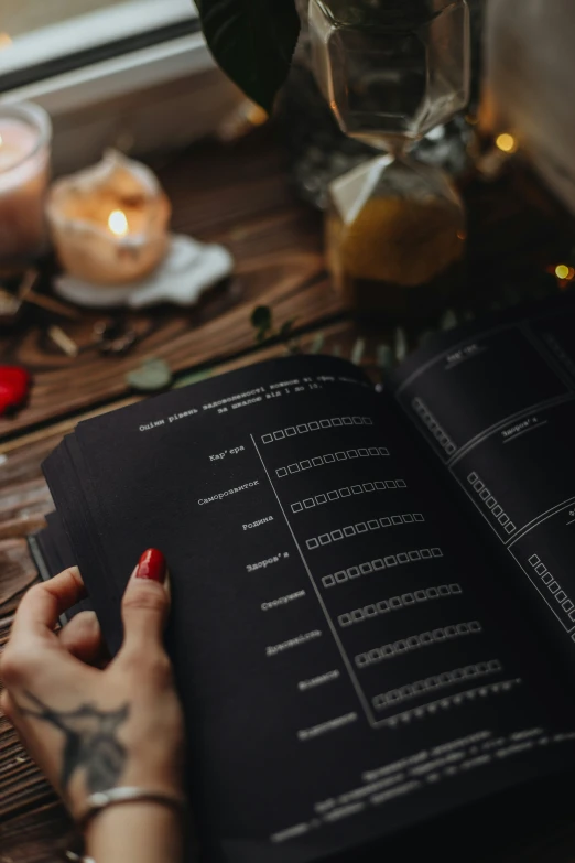 the woman is writing a recipe book beside candles