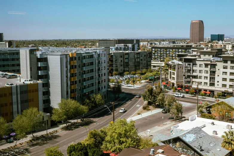 a city skyline filled with tall buildings and trees