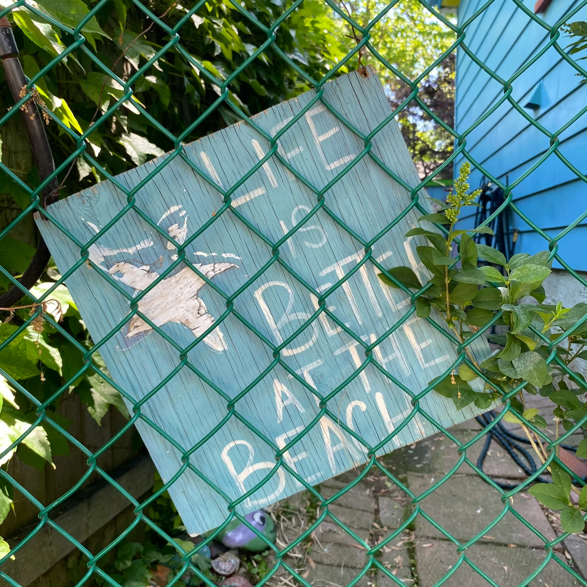 the fence is behind some green plants and a sign on it