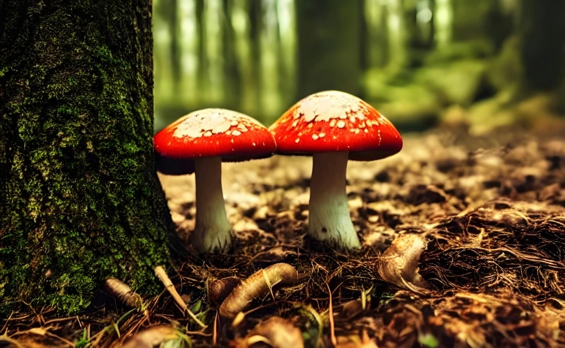 two mushrooms stand out against the green forest