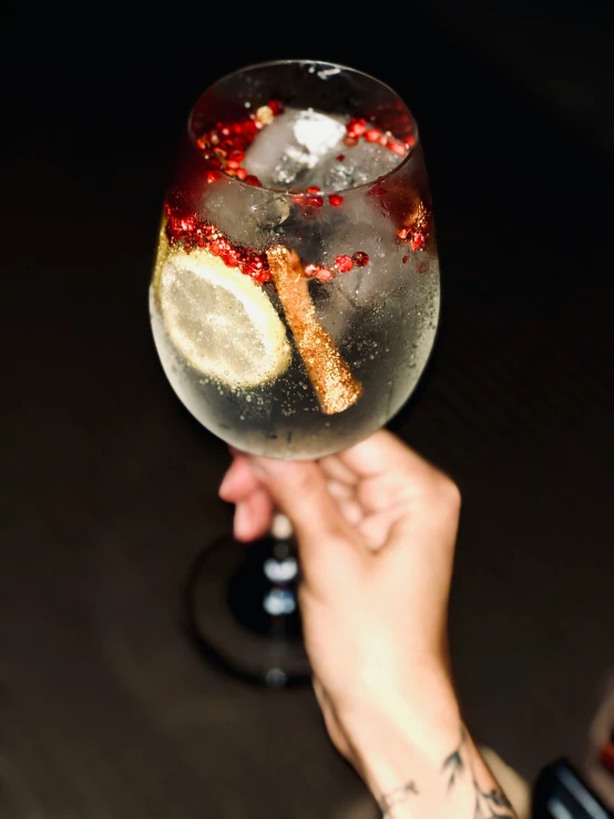 person holding wine glass with sparkling liquid and a gold initial