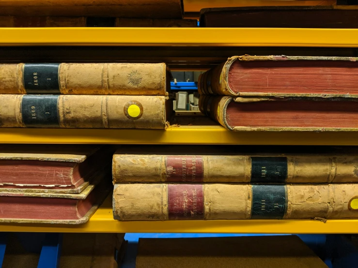 several old books are lined up on shelves