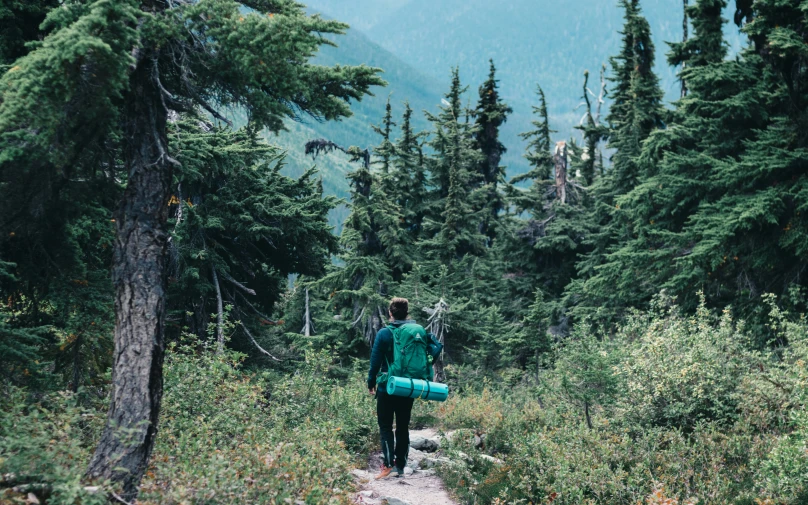 a woman walking in the woods with a large backpack on her back