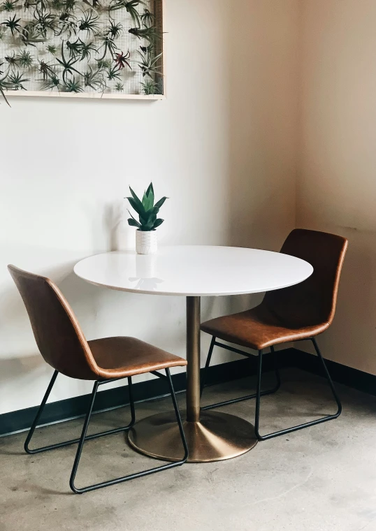 a kitchen table and chair with a plant in a vase