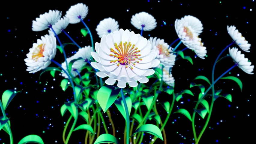 digital art depicting white and pink flowers against a black background