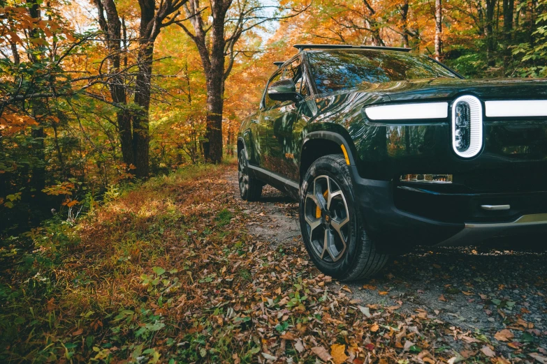 a black suv parked on a path in the middle of a forest