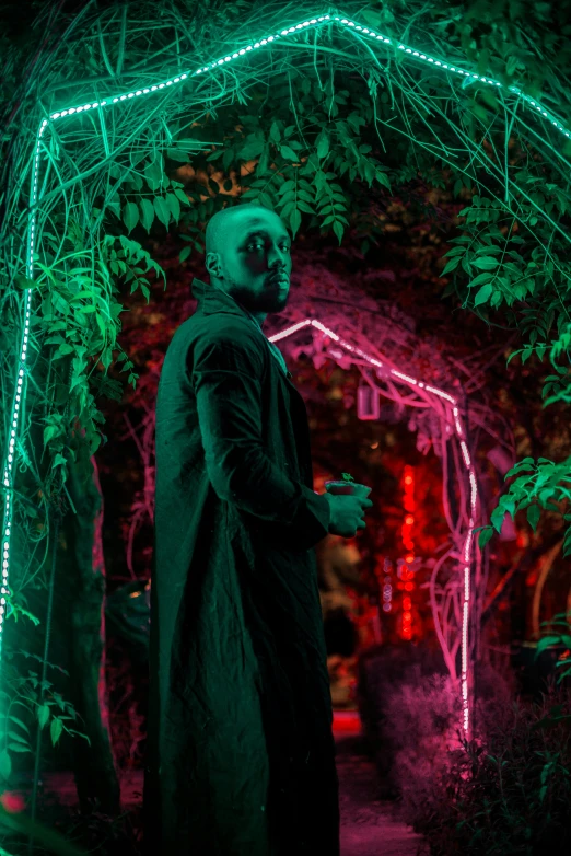 a man with glowing black and green hair standing in a garden archway