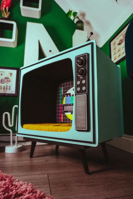 a small television set sitting on a table