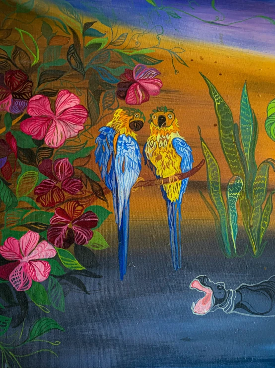 a painting depicting two parrots in the jungle