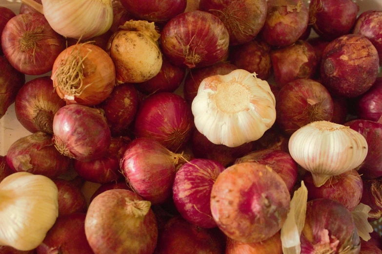 several onions and garlic next to each other