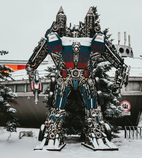 a giant statue with a red and blue color scheme