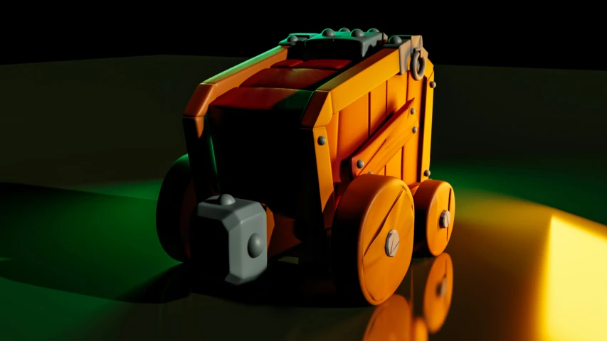 a toy car with wheels in green and yellow light