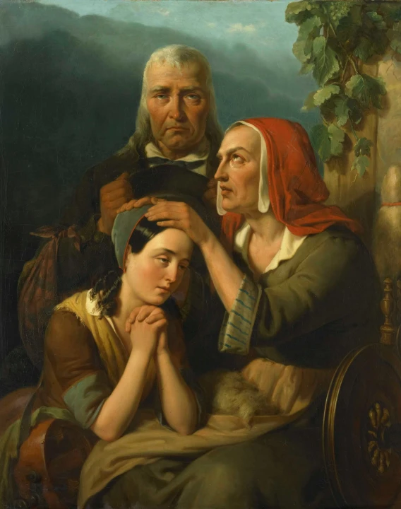 a painting with two people and one has a baby