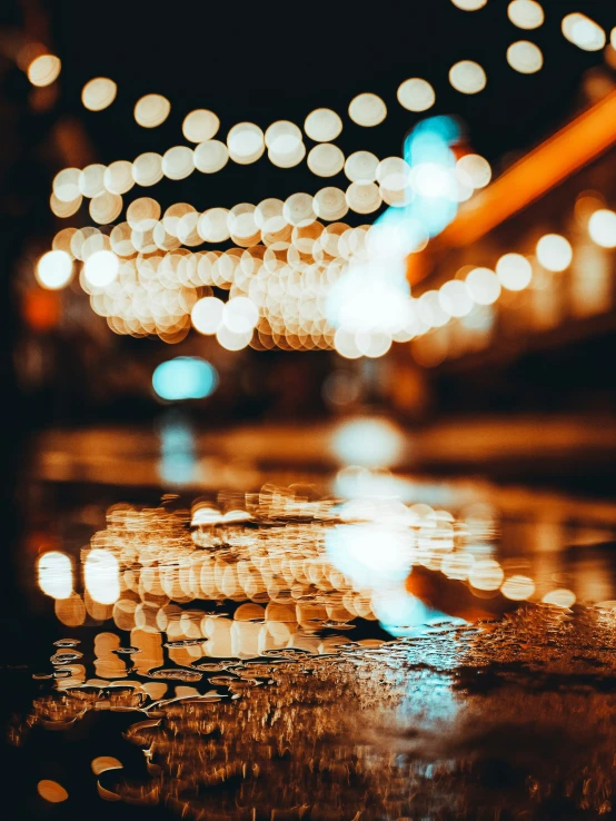 blurry image of street lights and pavement in a city at night