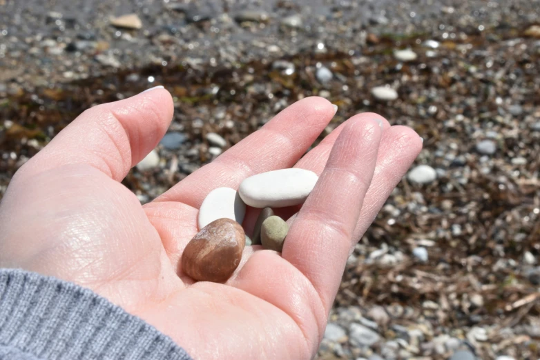 someone is holding their hand in a hand full of rocks and pebbles