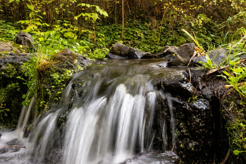 a small waterfall flowing over rocks in the woods