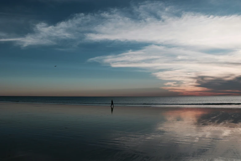 there is a lone person standing on the beach