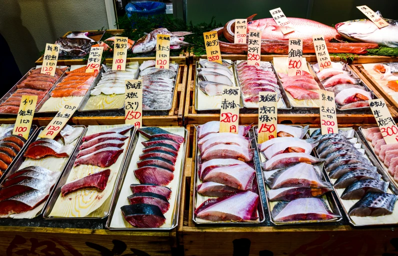 a display table of different types of seafood