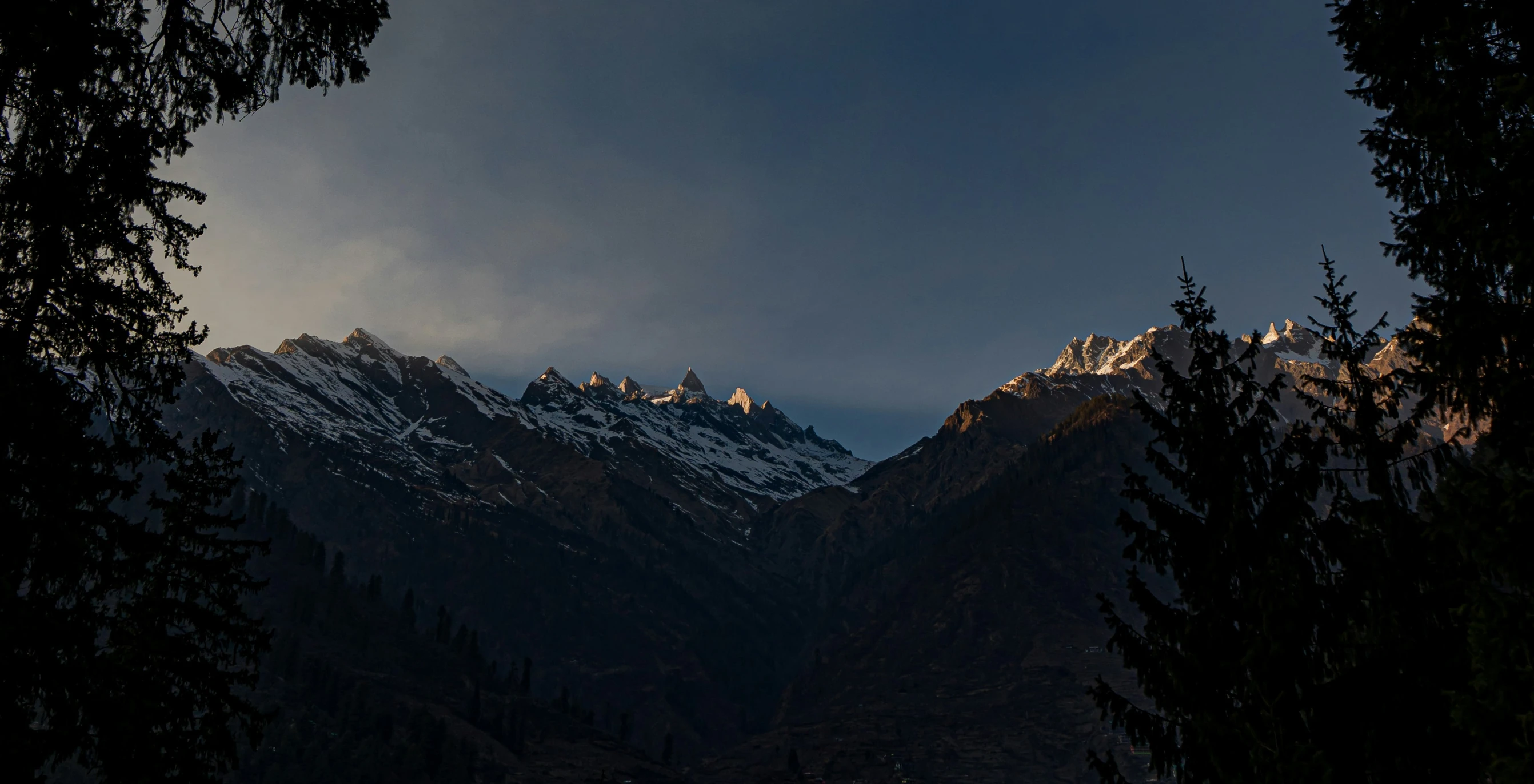 the view of some mountains through some trees