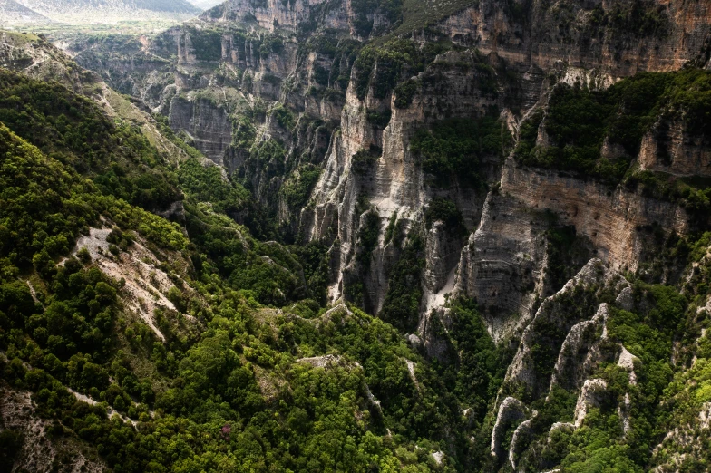 a mountain covered with trees and rocks in the distance