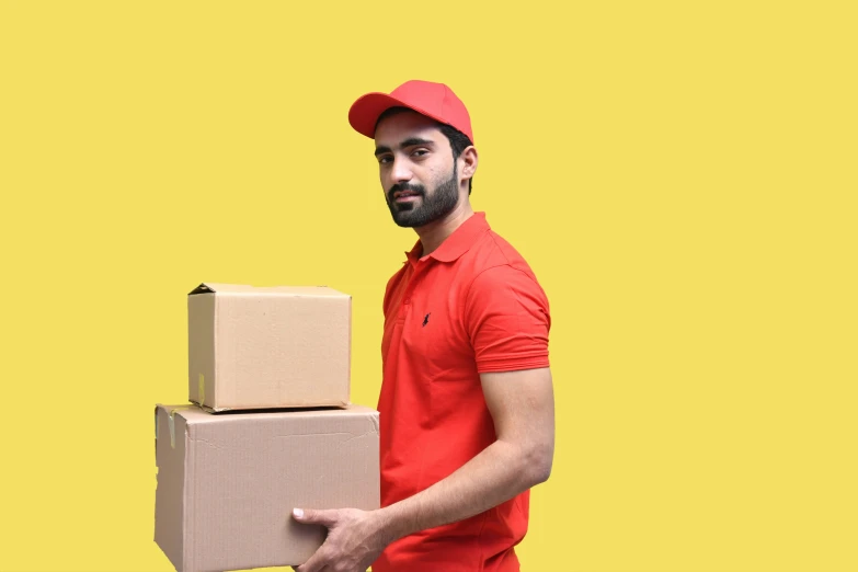 a man is carrying two cardboard boxes against a yellow background