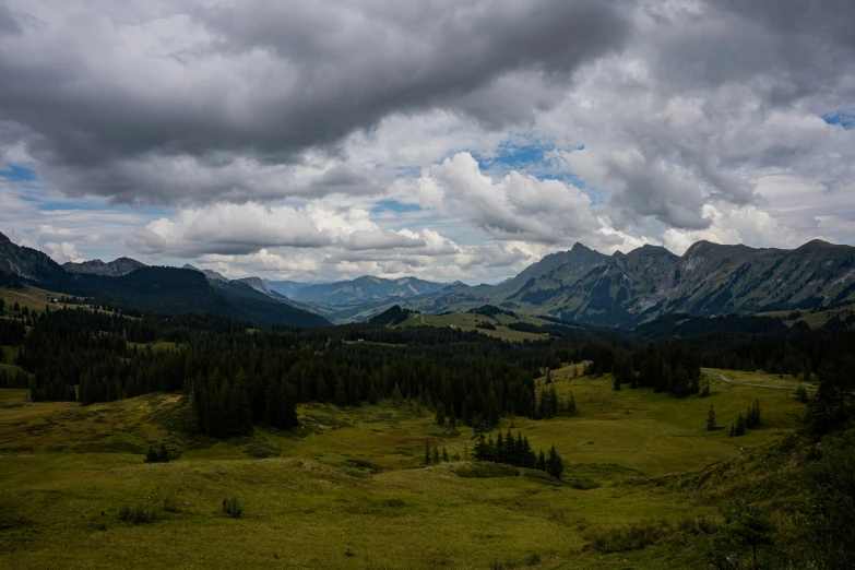 view of green field with mountains and cloudy sky