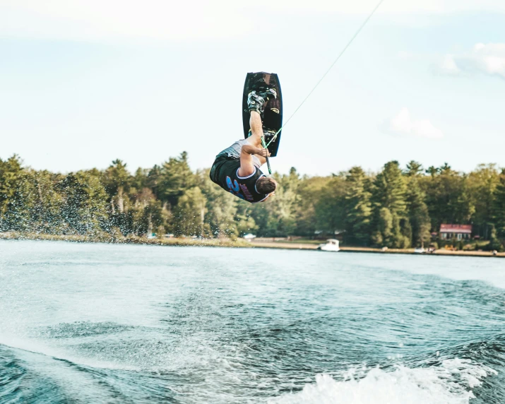 a wakeboarder is in the air high above the water