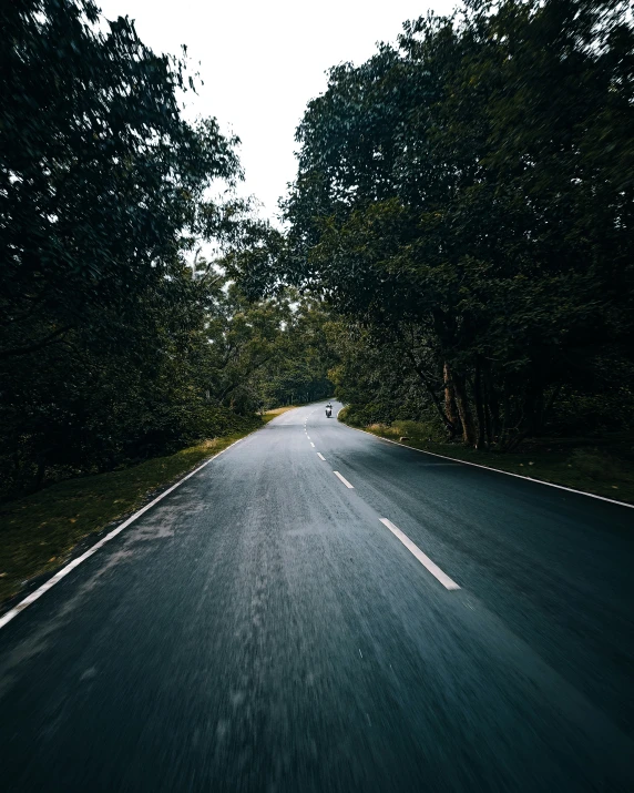 an empty street that leads to some trees